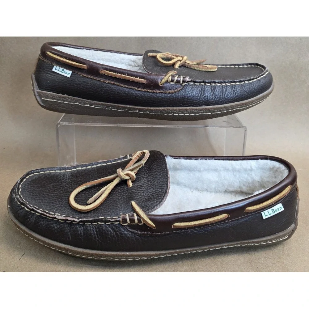 LL Bean Moccasin (Sz 10 M) Slipper Mens Brown Bow Slip On Loafer Leather 212984